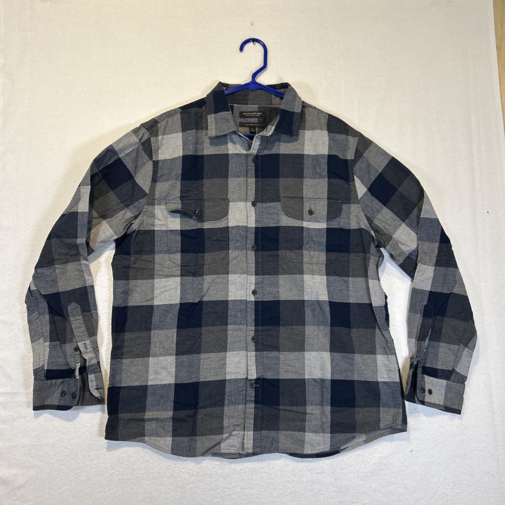 Banana Republic Flannel Shirt Mens XL Blue Plaid Untucked Slim Fit Button Up